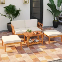 Tangakula 5 Pieces Patio Lounge Chair Set w/Ottomans, Modular Outdoor Lounge Sofa Set for Lawn, Backyard, Poolside (Off White)