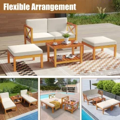 Tangakula 5 Pieces Patio Lounge Chair Set w/Ottomans, Modular Outdoor Lounge Sofa Set for Lawn, Backyard, Poolside (Off White)