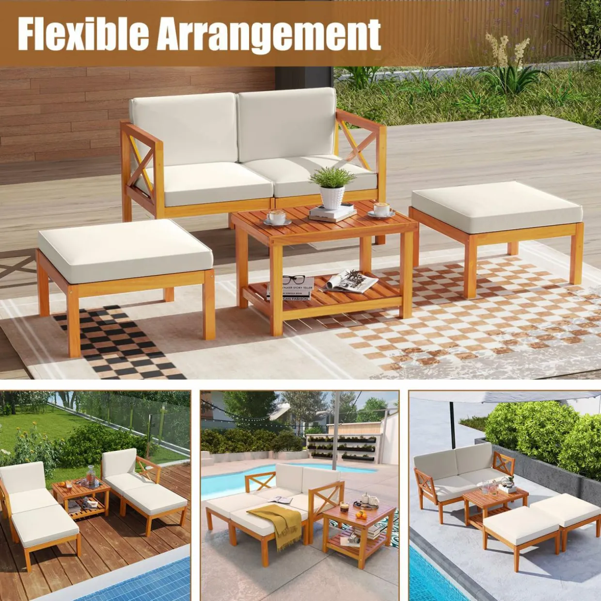Tangakula 5 Pieces Patio Lounge Chair Set w/Ottomans, Modular Outdoor Lounge Sofa Set for Lawn, Backyard, Poolside (Off White)