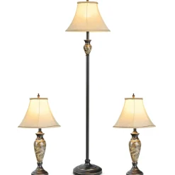 Tangkkula Table and Floor Lamp Set, 3-Piece Traditional Style Lamp Set with Linen Fabric Lamp Shades and Weighted Bases for Living Room