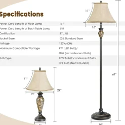 Tangkkula Table and Floor Lamp Set, 3-Piece Traditional Style Lamp Set with Linen Fabric Lamp Shades and Weighted Bases for Living Room
