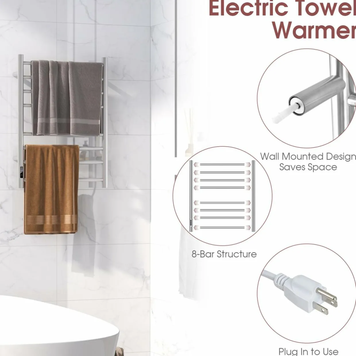 Tangkua Electric Towel Warmer Rack, 8-Bar Wall Mounted Towel Heater