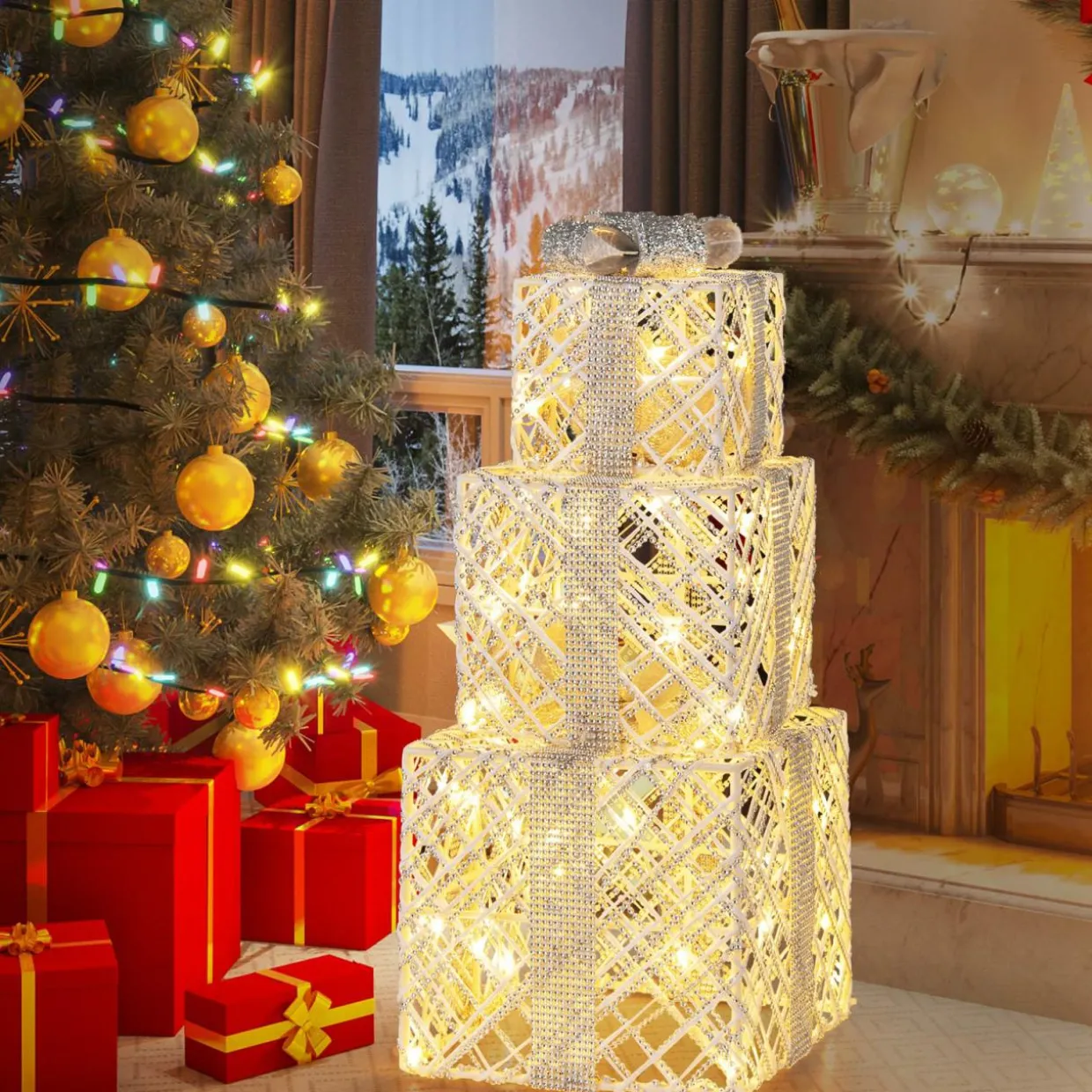 Tangkukla 3 Pack Christmas Lighted Gift Box, Pre-Lit Festive Boxes w/ 50 LED Lights