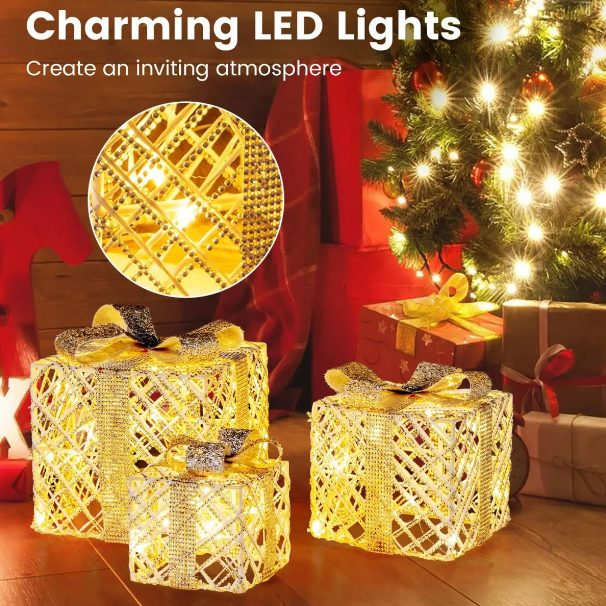 Tangkukla 3 Pack Christmas Lighted Gift Box, Pre-Lit Festive Boxes w/ 50 LED Lights