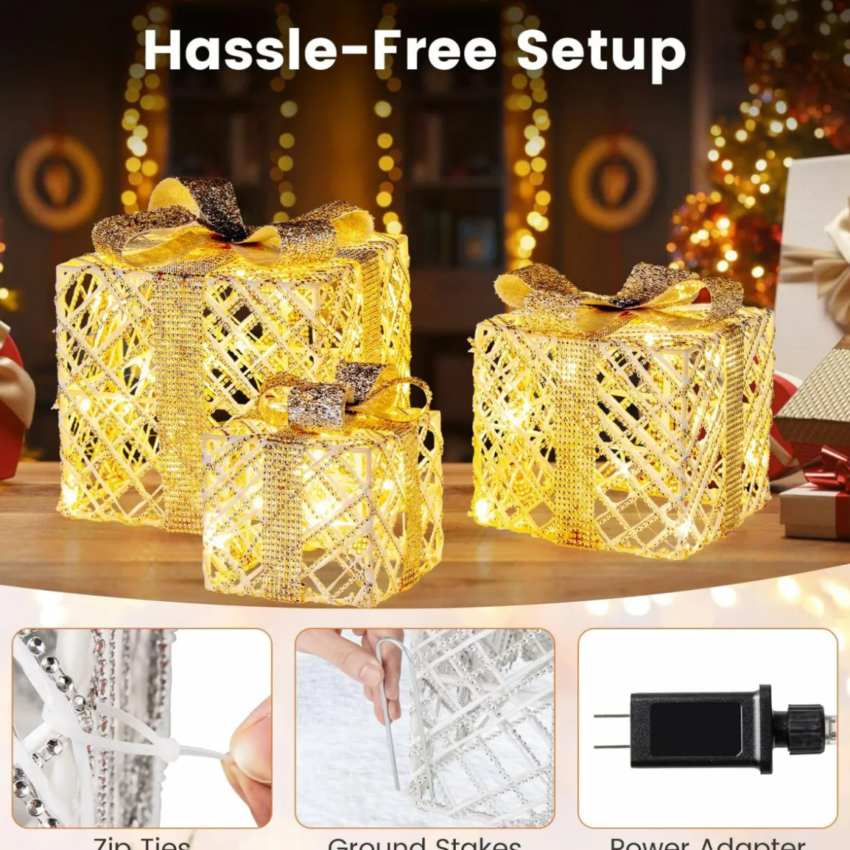 Tangkukla 3 Pack Christmas Lighted Gift Box, Pre-Lit Festive Boxes w/ 50 LED Lights