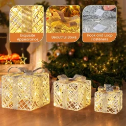 Tangkukla 3 Pack Christmas Lighted Gift Box, Pre-Lit Festive Boxes w/ 50 LED Lights