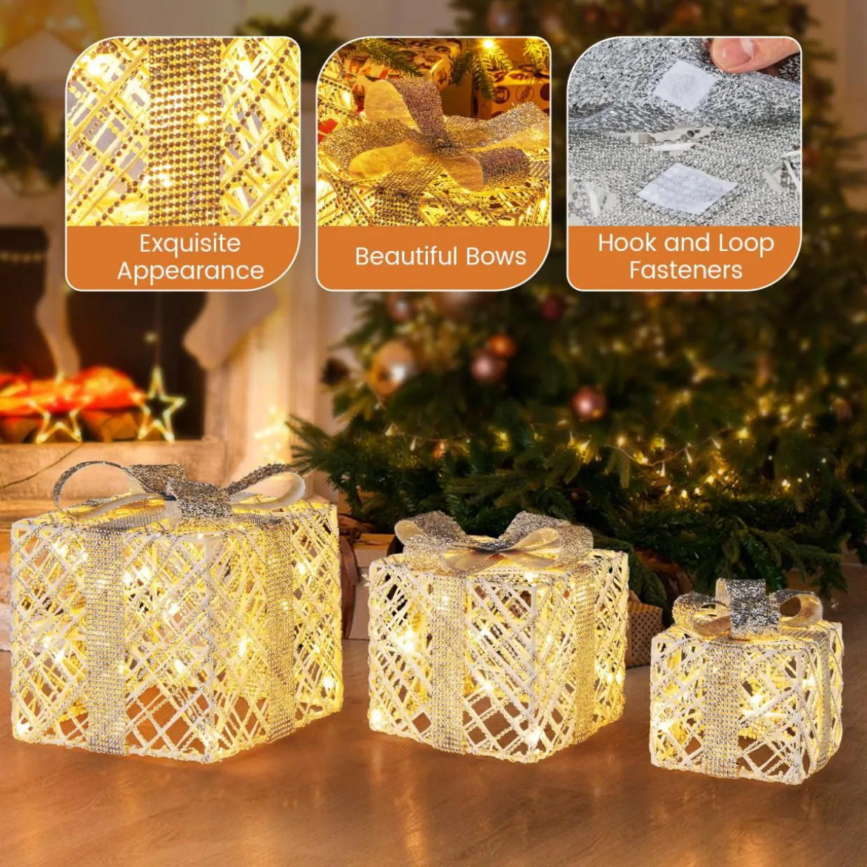 Tangkukla 3 Pack Christmas Lighted Gift Box, Pre-Lit Festive Boxes w/ 50 LED Lights