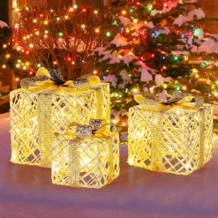 Tangkukla 3 Pack Christmas Lighted Gift Box, Pre-Lit Festive Boxes w/ 50 LED Lights