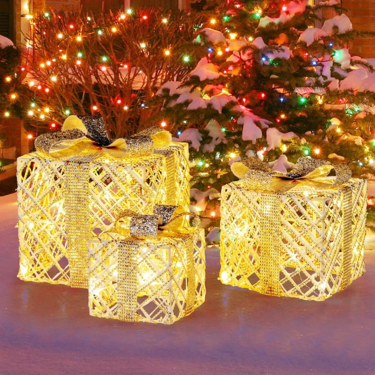 Tangkukla 3 Pack Christmas Lighted Gift Box, Pre-Lit Festive Boxes w/ 50 LED Lights
