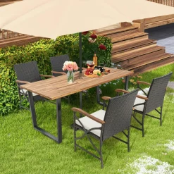 Tangkula 5 /7 PCS Patio Rattan Dining Set, Outdoor Wicker Chair & Dining Table Set