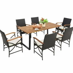 Tangkula 5 /7 PCS Patio Rattan Dining Set, Outdoor Wicker Chair & Dining Table Set