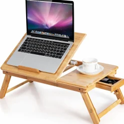 Tangkula 100% Bamboo Laptop Desk with Tilting Top & Drawer