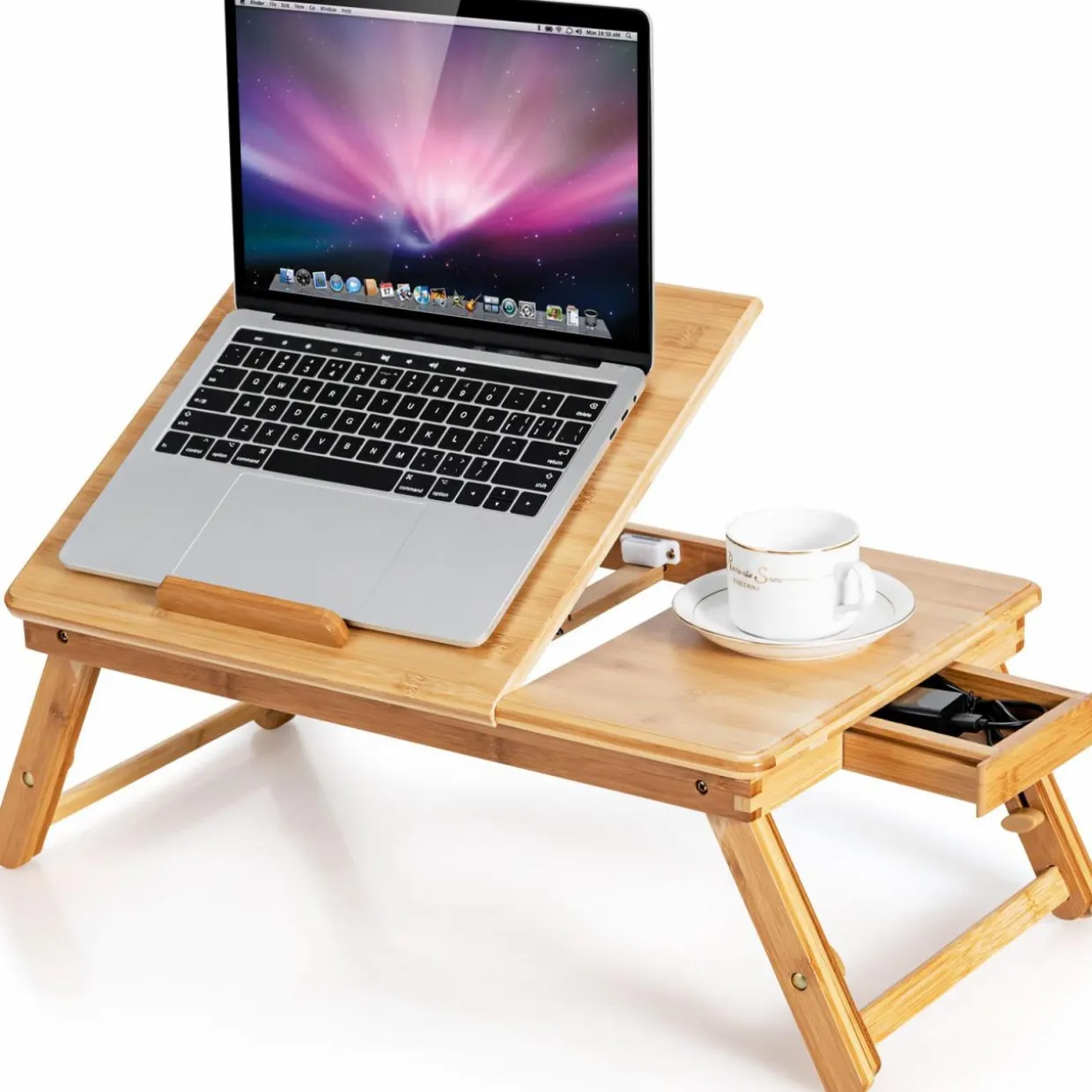 Tangkula 100% Bamboo Laptop Desk with Tilting Top & Drawer