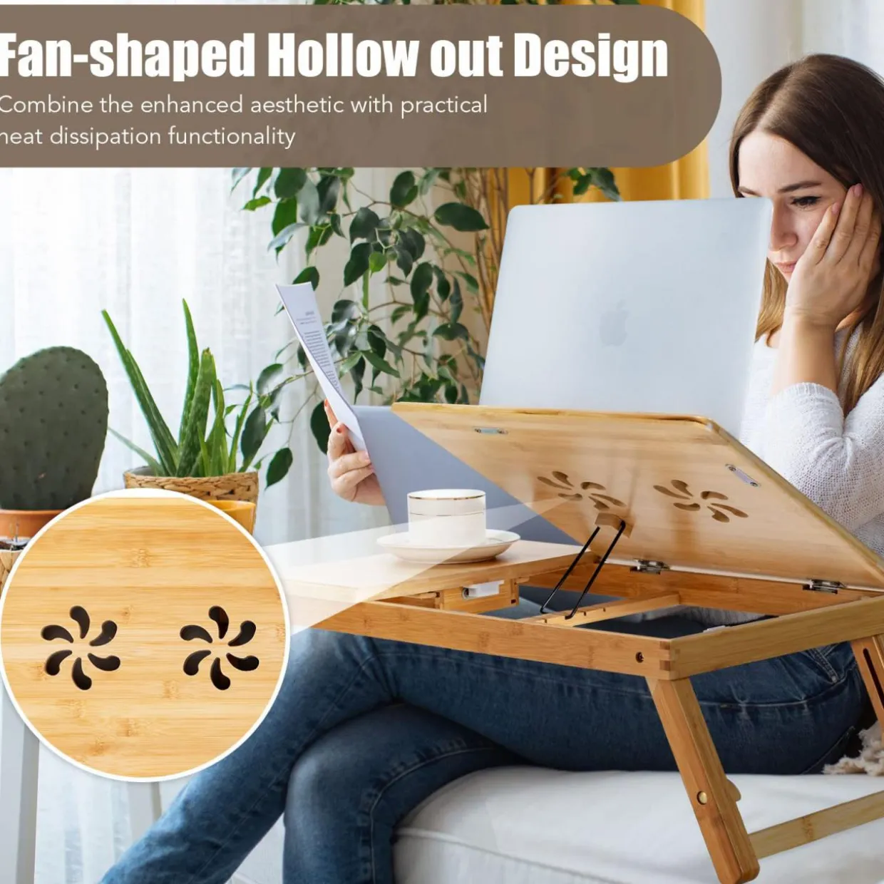 Tangkula 100% Bamboo Laptop Desk with Tilting Top & Drawer