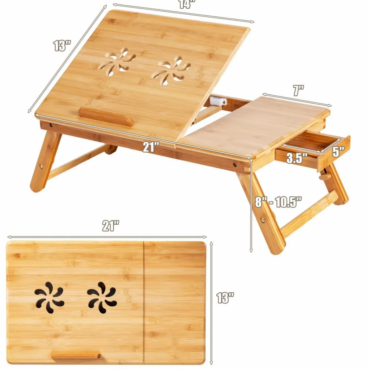 Tangkula 100% Bamboo Laptop Desk with Tilting Top & Drawer