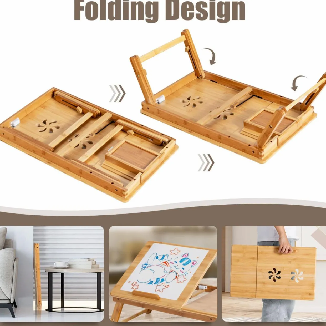 Tangkula 100% Bamboo Laptop Desk with Tilting Top & Drawer