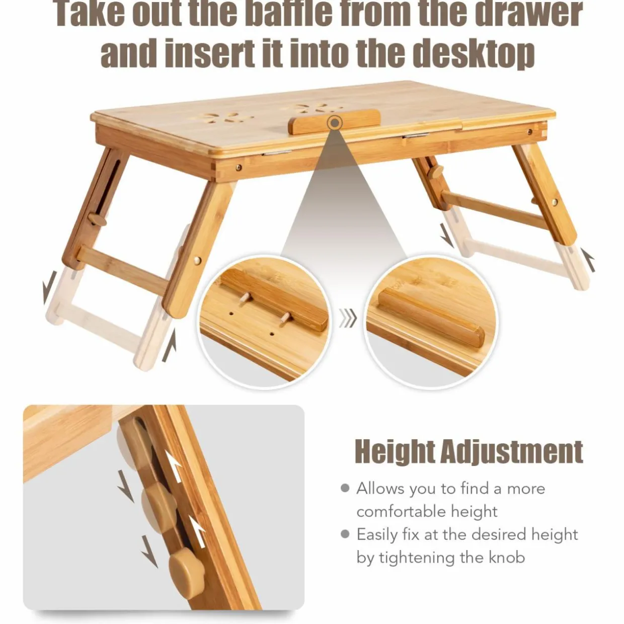 Tangkula 100% Bamboo Laptop Desk with Tilting Top & Drawer