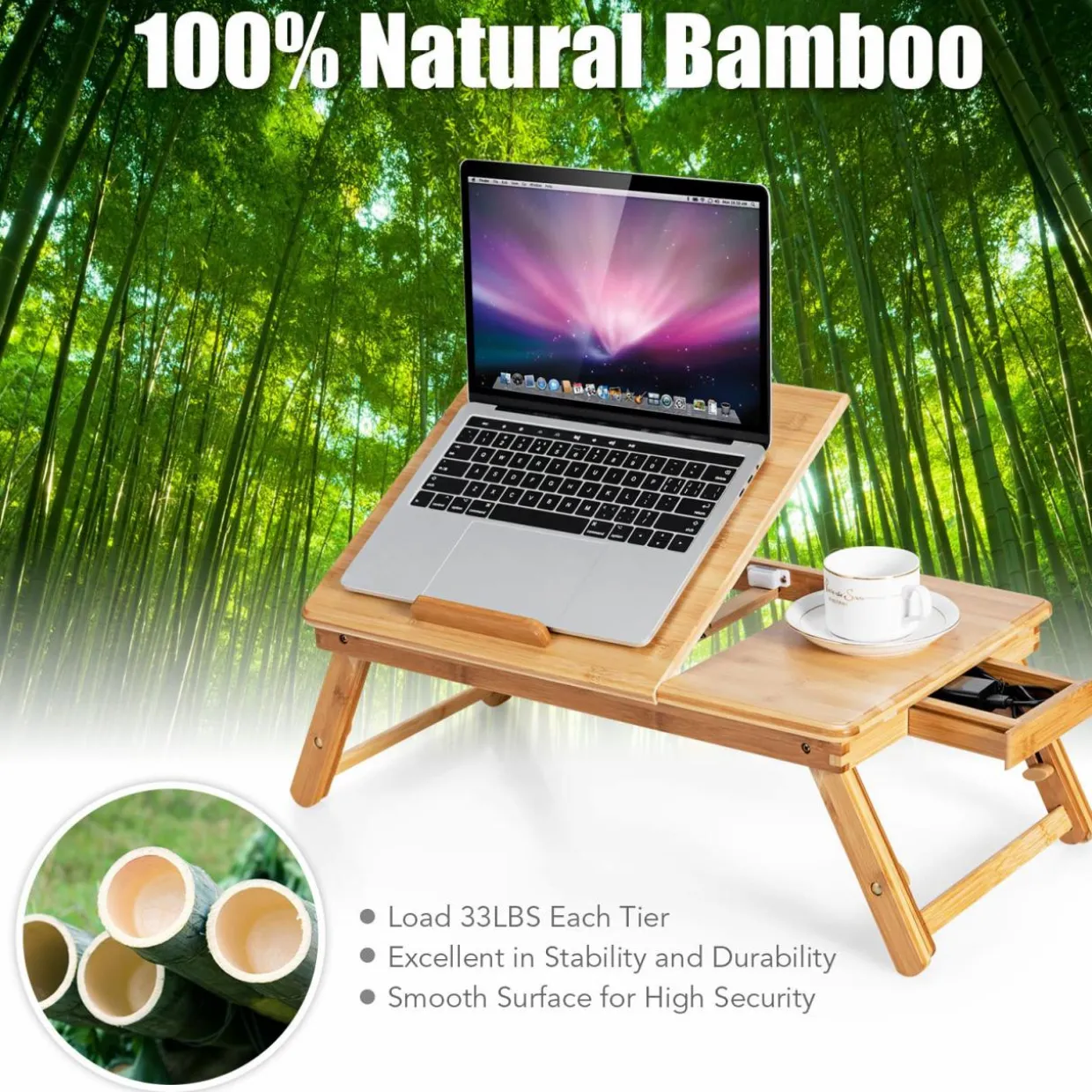 Tangkula 100% Bamboo Laptop Desk with Tilting Top & Drawer