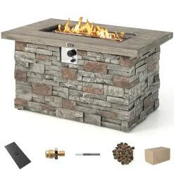 Tangkula 50,000 BTU Propane Fire Pit Table, 43.5 Inch Rectangle Fire Table with Faux Stone Surface