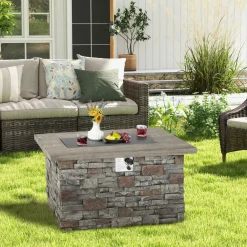 Tangkula 50,000 BTU Propane Fire Pit Table, 43.5 Inch Rectangle Fire Table with Faux Stone Surface