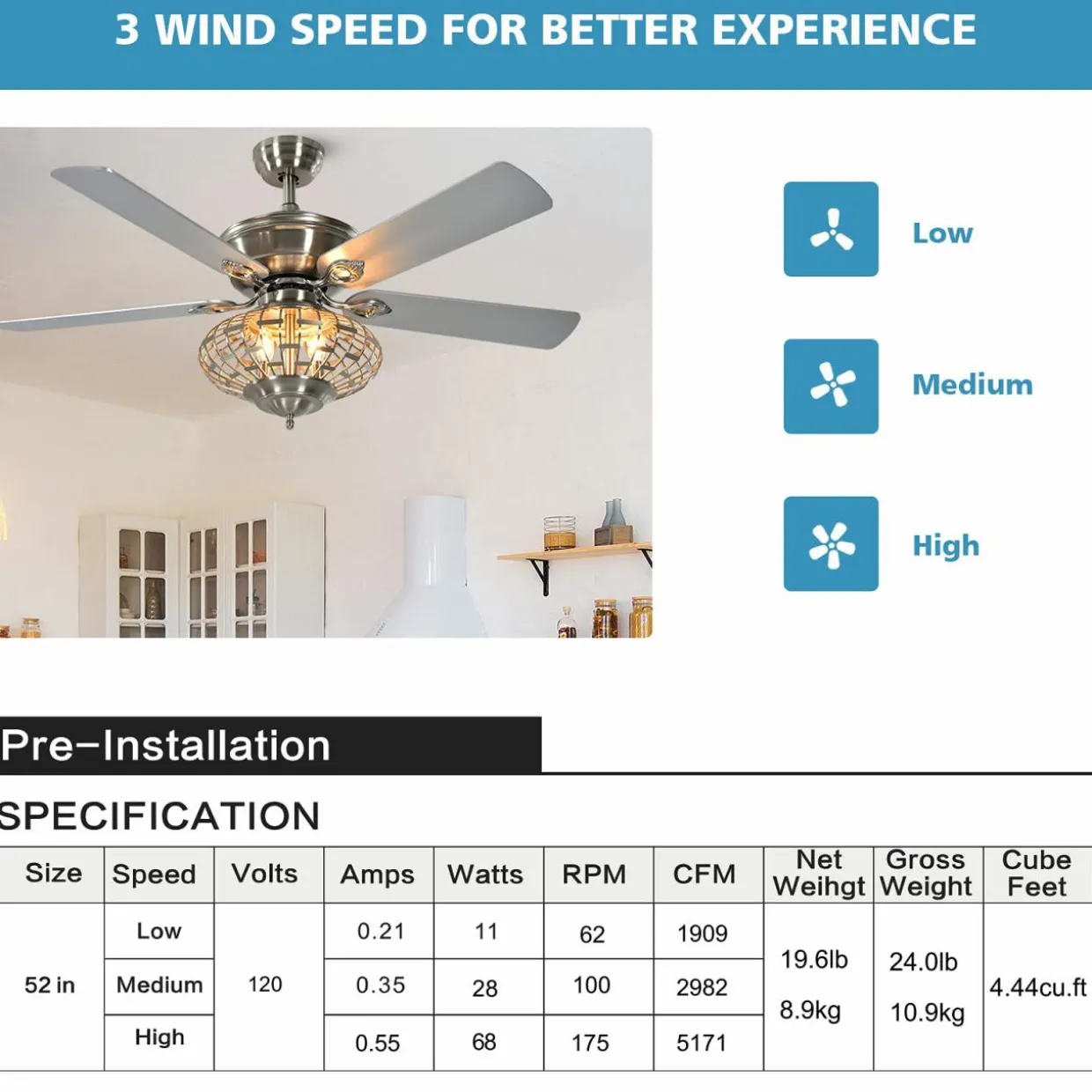Tangkula 52" Ceiling Fan Lamp, Ceiling Fan with Light and Remote Control, Reversible Fan Blades, 3 Adjustable Wind Speeds