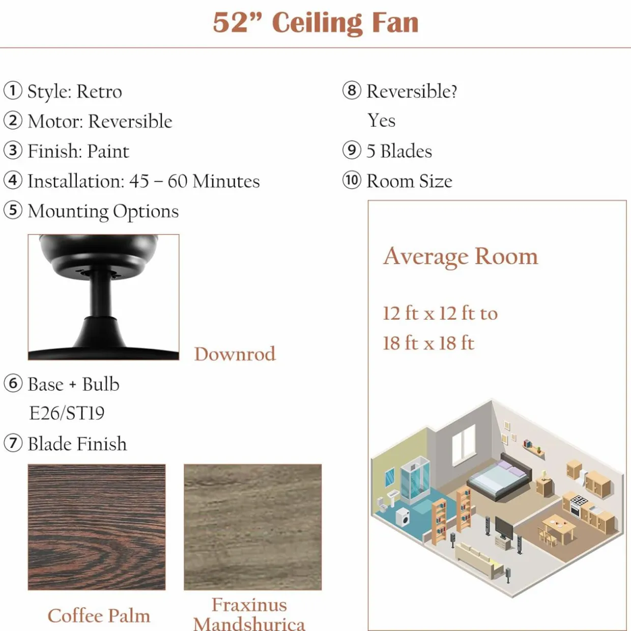 Tangkula 52'' Ceiling Fan Lights with Remote Control, Ceiling Lighting Fan with 5 Blades & Bubble Glass Shade
