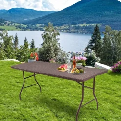 Tangkula 6' Center Folding Table Portable Rattan Design Indoor Outdoor Use with Carrying Handle