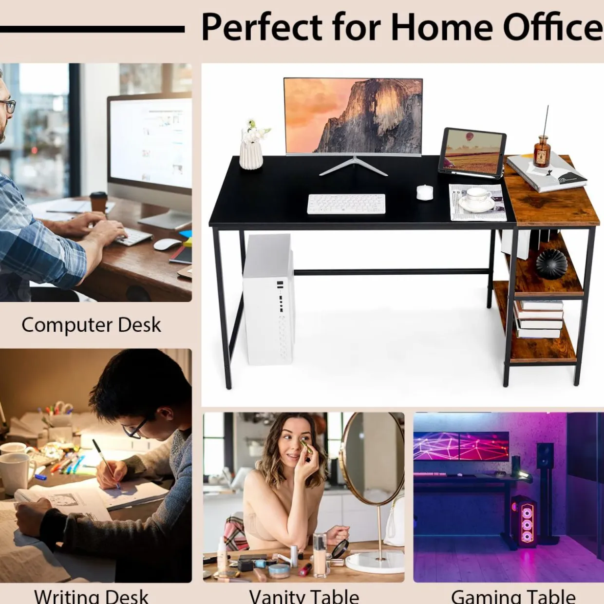 Tangkula 55" Computer Desk, Large Home Office Desk with 2-Tier Storage Shelves