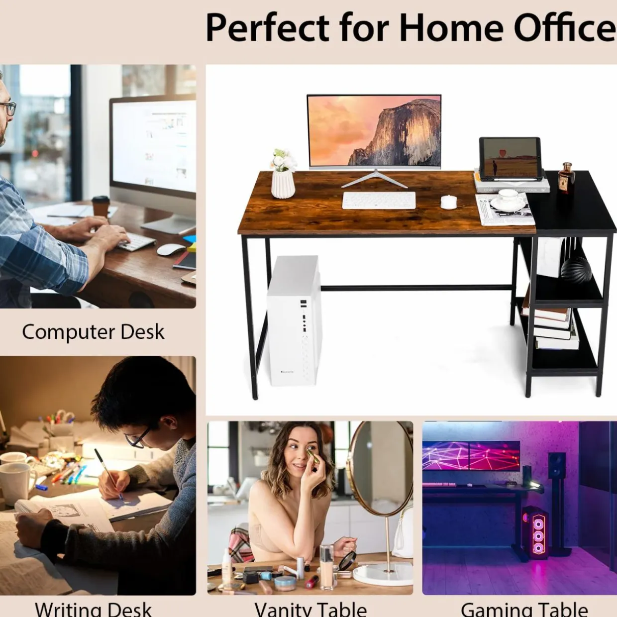 Tangkula 55" Computer Desk, Large Home Office Desk with 2-Tier Storage Shelves