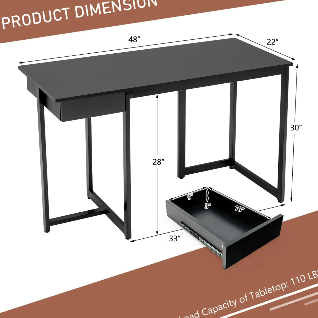 Tangkula 48” Computer Desk with Drawer, Home Office Desk with Sturdy Metal Frame