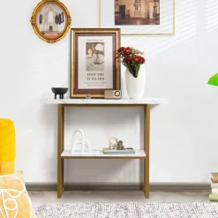 Tangkula 48" Console Table, White Faux Marble Entryway Table with Gold Finished Frame