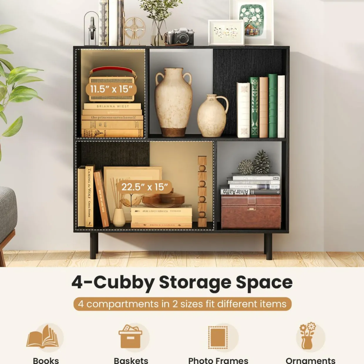 Tangkula 4 Cubby Open Bookcase