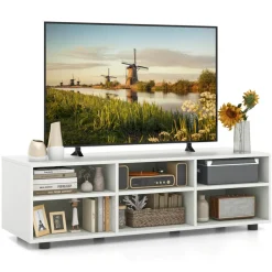 Tangkula 6 Cubby TV Stand for TVs up to 55 Inches, White Wood Entertainment Center with 6 Storage Cubbies & 5 Positions Adjustable Shelves