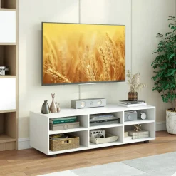Tangkula 6 Cubby TV Stand for TVs up to 55 Inches, White Wood Entertainment Center with 6 Storage Cubbies & 5 Positions Adjustable Shelves