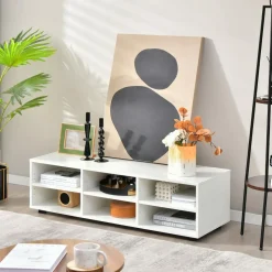 Tangkula 6 Cubby TV Stand for TVs up to 55 Inches, White Wood Entertainment Center with 6 Storage Cubbies & 5 Positions Adjustable Shelves