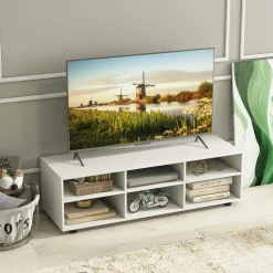 Tangkula 6 Cubby TV Stand for TVs up to 55 Inches, White Wood Entertainment Center with 6 Storage Cubbies & 5 Positions Adjustable Shelves