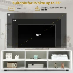 Tangkula 6 Cubby TV Stand for TVs up to 55 Inches, White Wood Entertainment Center with 6 Storage Cubbies & 5 Positions Adjustable Shelves