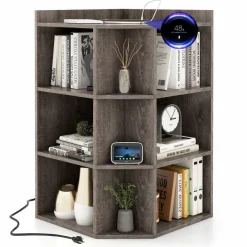 Tangkula 9 Cube Corner Bookshelf with Charging Station, 90 Degree Corner Cabinet w/2 USB Ports & 4 Outlets