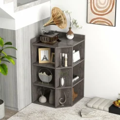 Tangkula 9 Cube Corner Bookshelf with Charging Station, 90 Degree Corner Cabinet w/2 USB Ports & 4 Outlets