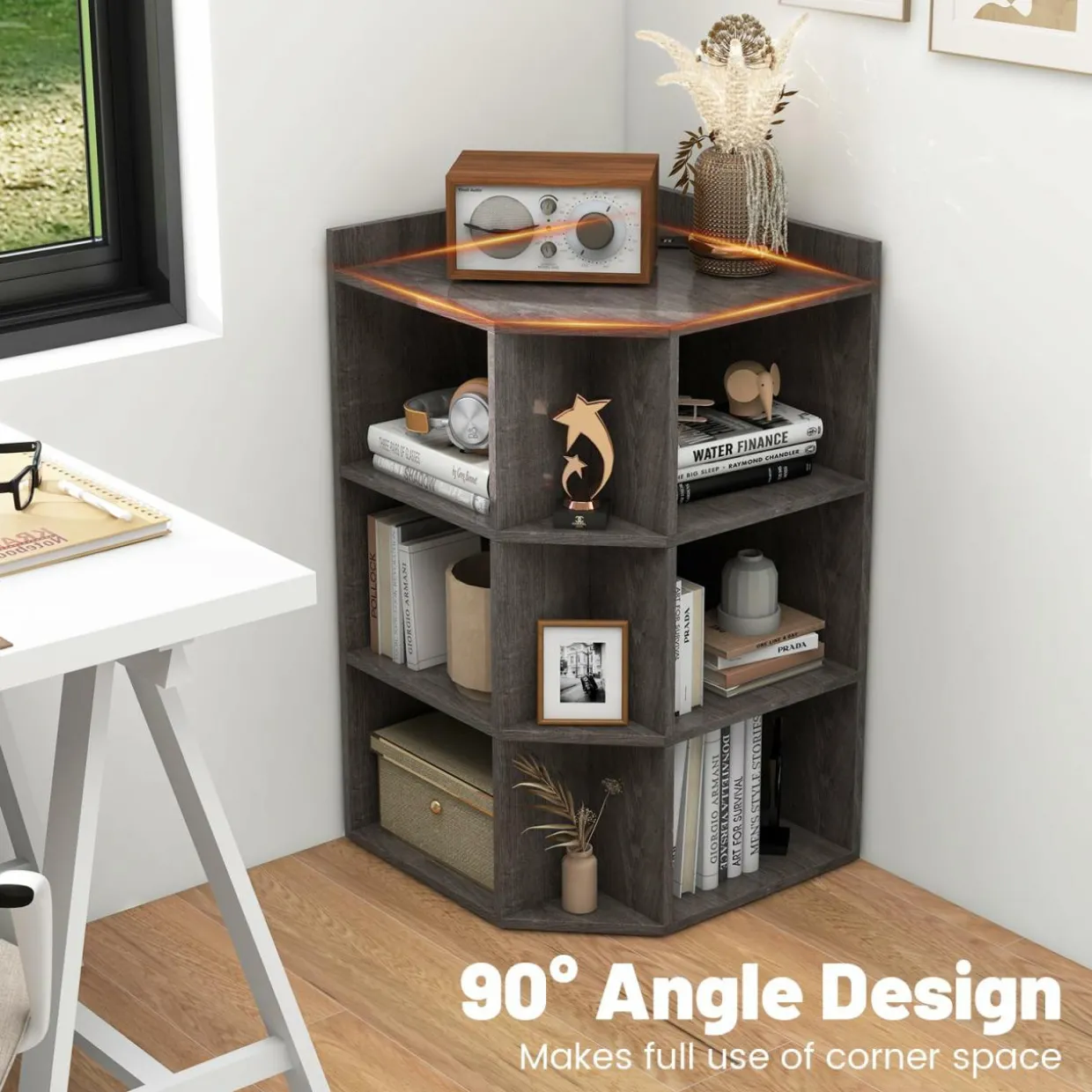 Tangkula 9 Cube Corner Bookshelf with Charging Station, 90 Degree Corner Cabinet w/2 USB Ports & 4 Outlets