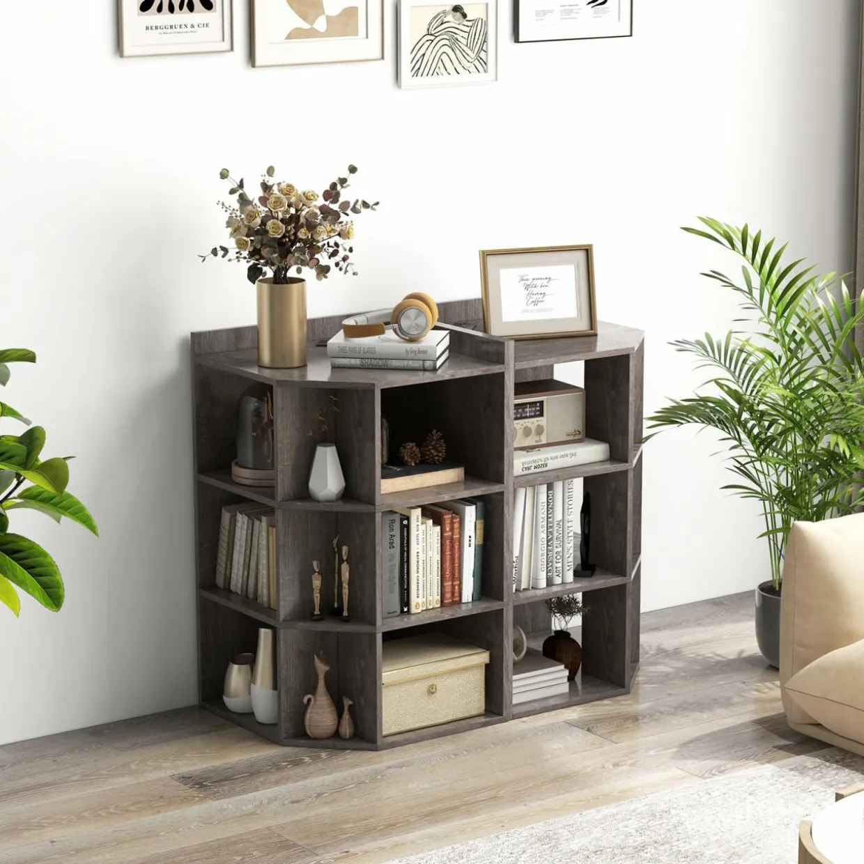 Tangkula 9 Cube Corner Bookshelf with Charging Station, 90 Degree Corner Cabinet w/2 USB Ports & 4 Outlets