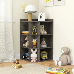 Tangkula 9 Cube Corner Bookshelf with Charging Station, 90 Degree Corner Cabinet w/2 USB Ports & 4 Outlets