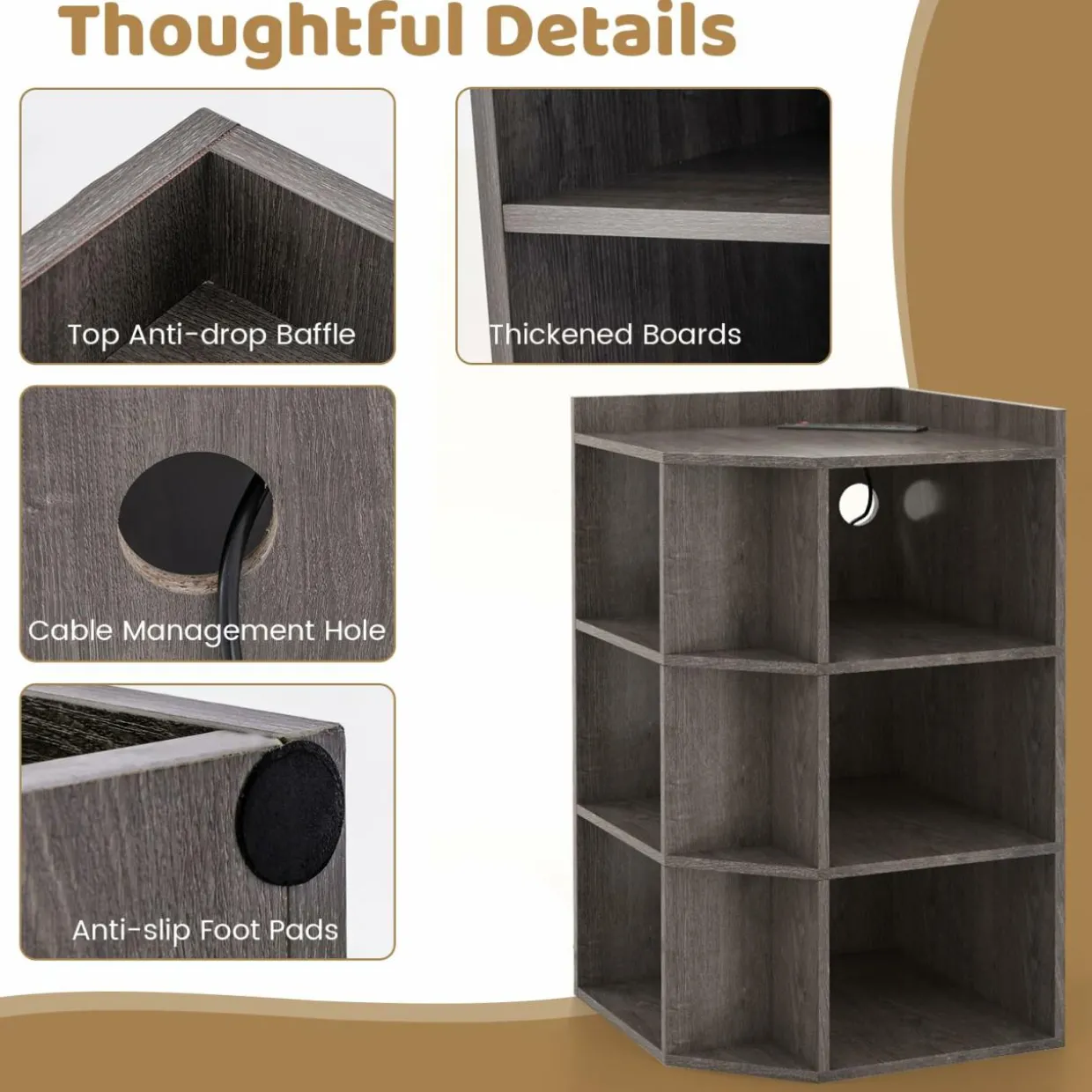 Tangkula 9 Cube Corner Bookshelf with Charging Station, 90 Degree Corner Cabinet w/2 USB Ports & 4 Outlets