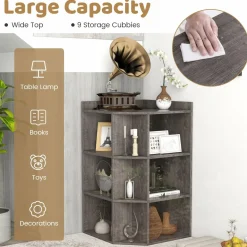 Tangkula 9 Cube Corner Bookshelf with Charging Station, 90 Degree Corner Cabinet w/2 USB Ports & 4 Outlets