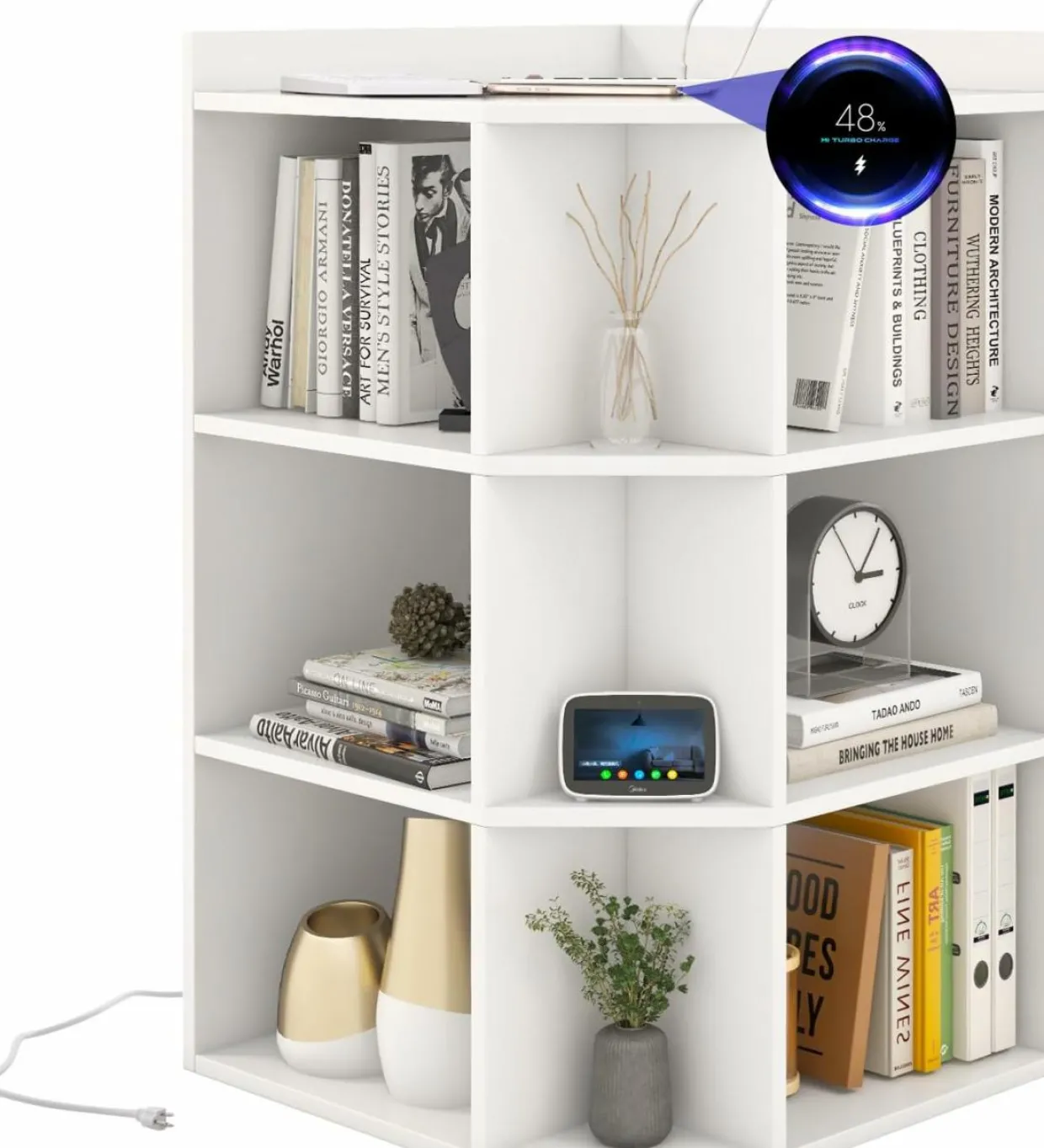 Tangkula 9 Cube Corner Bookshelf with Charging Station, 90 Degree Corner Cabinet w/2 USB Ports & 4 Outlets