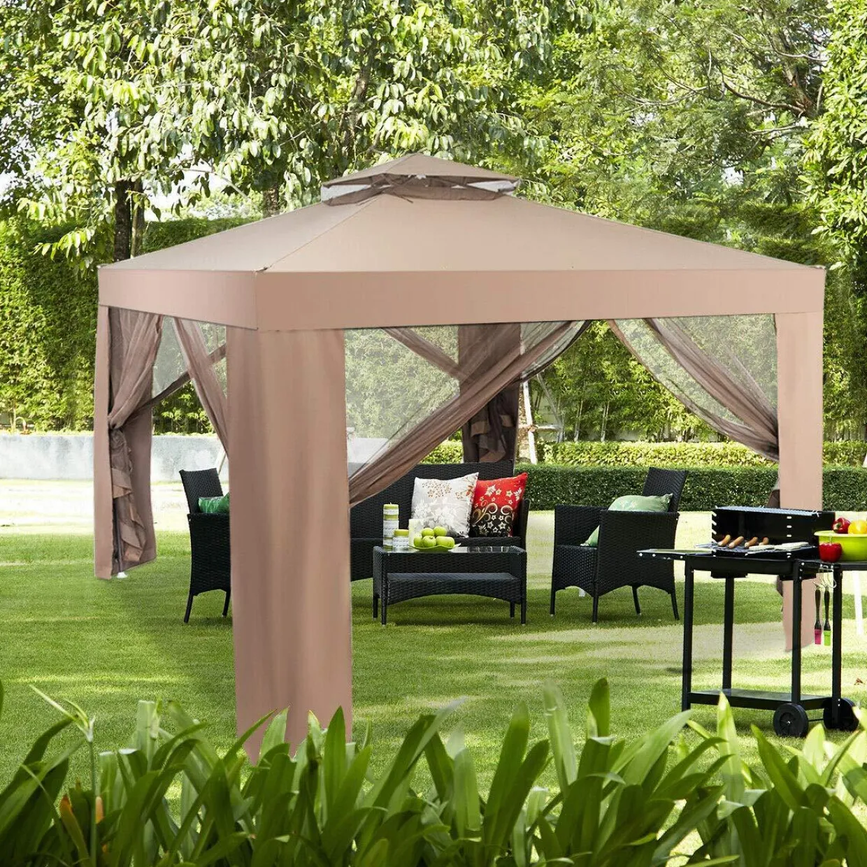 Tangkula 10' door Gazebo Canopy Shelter for Home/Garden/Lawn/Patio House Party (Brown)
