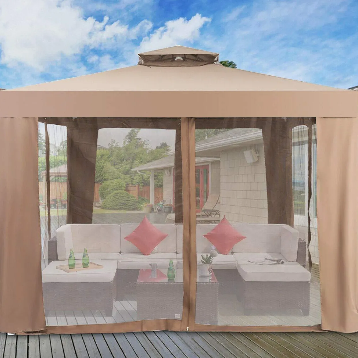 Tangkula 10' door Gazebo Canopy Shelter for Home/Garden/Lawn/Patio House Party (Brown)