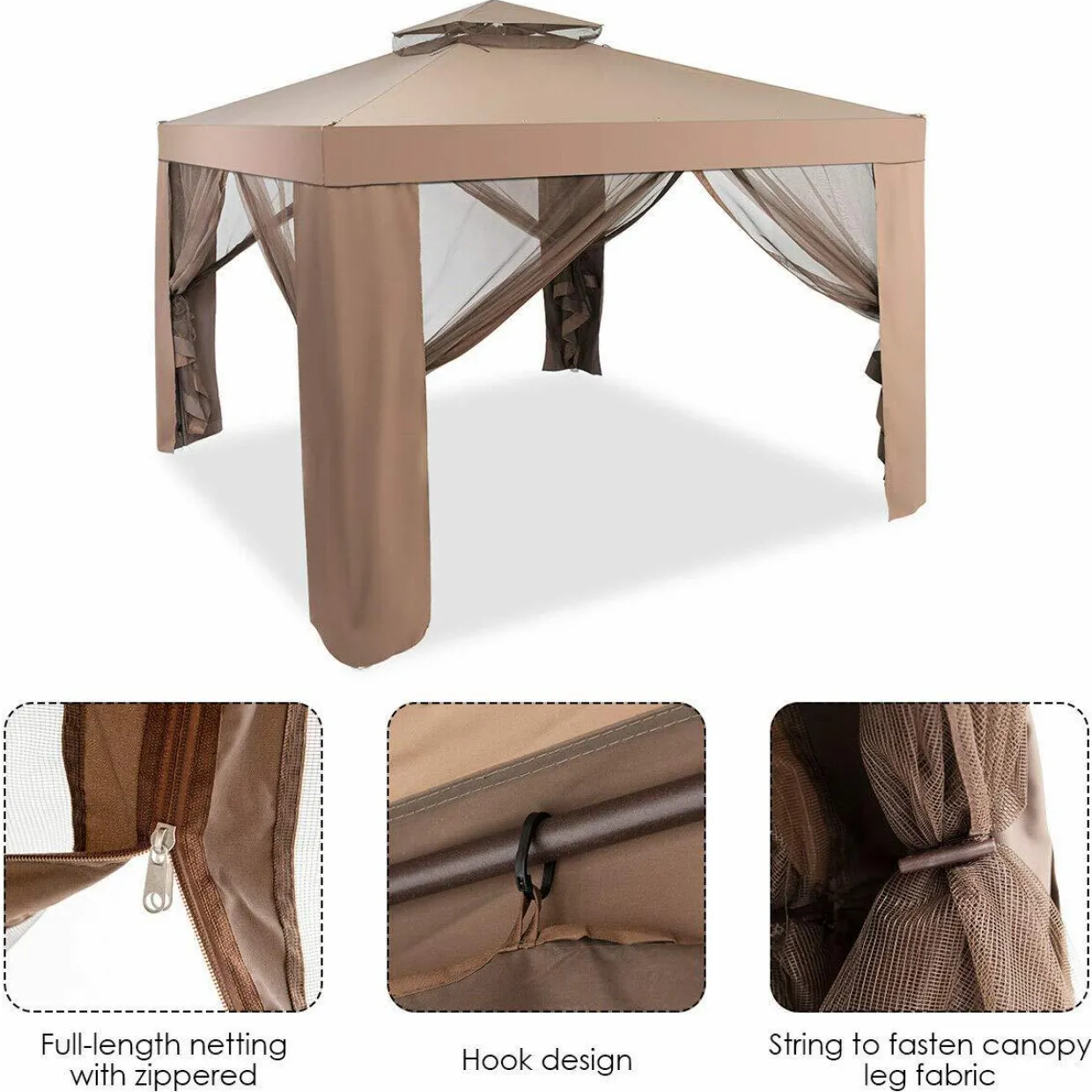 Tangkula 10' door Gazebo Canopy Shelter for Home/Garden/Lawn/Patio House Party (Brown)