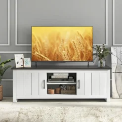 Tangkula 2 Doors TV Stand for TVs up to 65", 57" TV Console Table with 2 Cabinets & Open Shelves