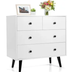 Tangkula 4 Drawer Dresser, Freestanding Storage Cabinet with Legs & Metal Handles, Modern Storage Drawer for Bedroom, Nursery Room (White)